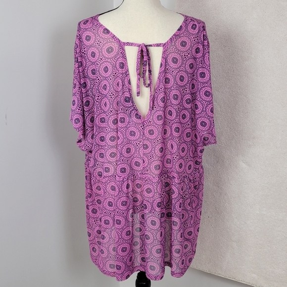 Lane Bryant Pink Geo Print Babydoll Mesh Cap Sleeve V-Neck Top Sz 26/28 NEW - Picture 3 of 11